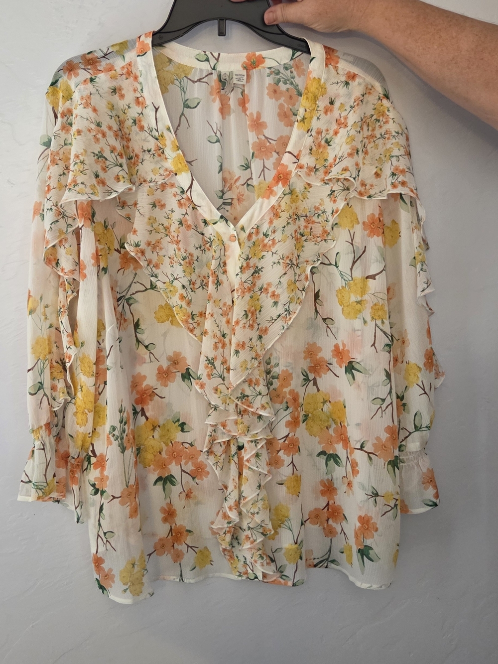 Ruffle V-Neck Floral Blouse - White with Peach & Yellow Flowers